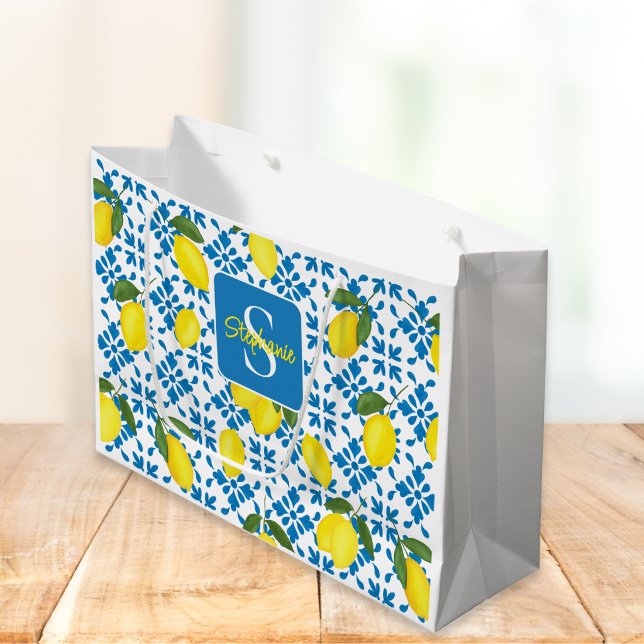 Monogram Blue Tile French Country Lemon Pattern  Large Gift Bag (Creator Uploaded)
