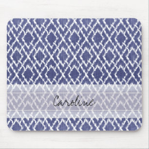 Monogram Blue Tribal Print Ikat Diamond Pattern Mouse Pad