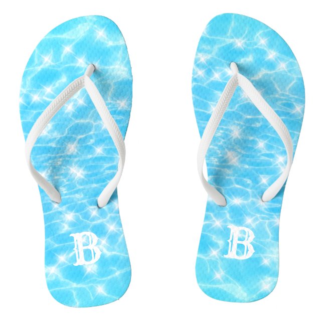 Monogram Blue Tropical Water Ripple Custom Initial Thongs (Footbed)