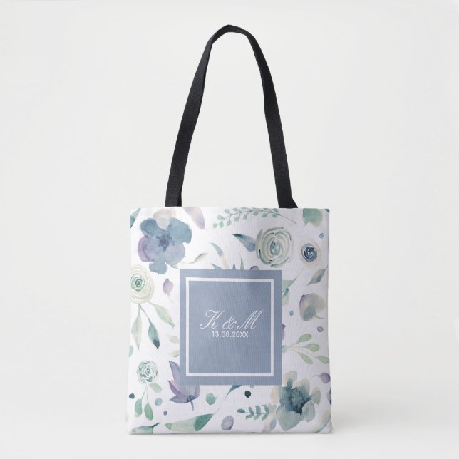 Monogram Blue Violet Watercolor Floral Pattern Tote Bag (Front)