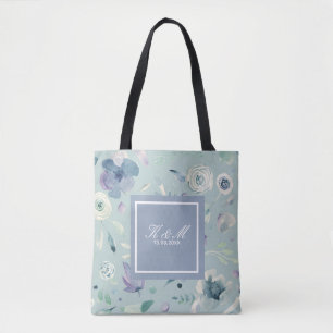 Monogram Blue Violet Watercolor Floral Pattern Tote Bag