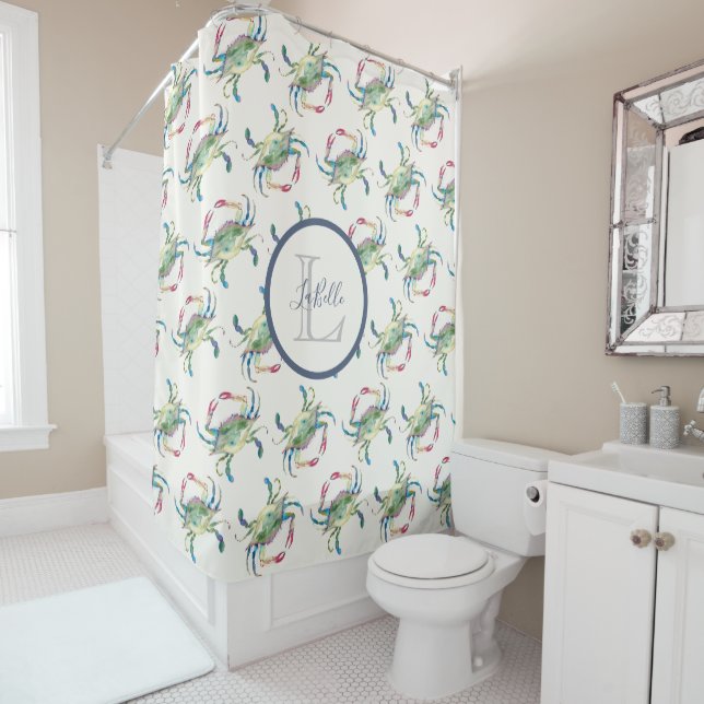 Monogram Blue Watercolor Crab Coastal Shower Curtain (In Situ)