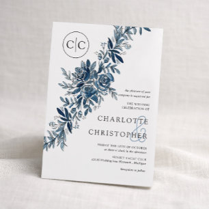 Monogram blue watercolor floral lineart wedding invitation