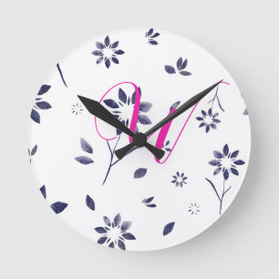 Monogram Blue Watercolor Floral Pattern Round Clock