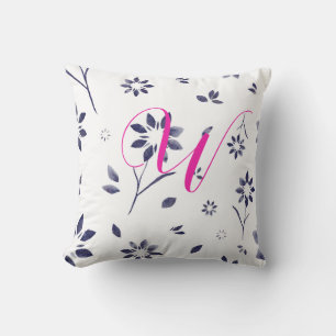 Monogram Blue Watercolor Flower Pattern Cushion