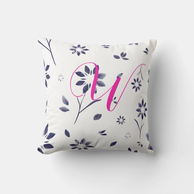 Monogram Blue Watercolor Flower Pattern Cushion (Front)