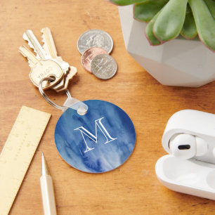 Monogram Blue Watercolor Texture Abstract Painting Key Ring