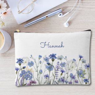 Monogram Blue Watercolor Wildflower Floral Accessory Pouch