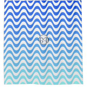 Monogram Blue Wave Pattern Shower Curtain