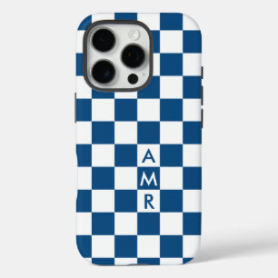 Monogram Blue White Chequered Pattern iPhone 16 Pro Case