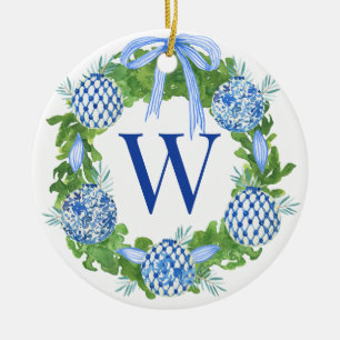 Monogram Blue & White Chinoiserie Wreath Ceramic Ornament