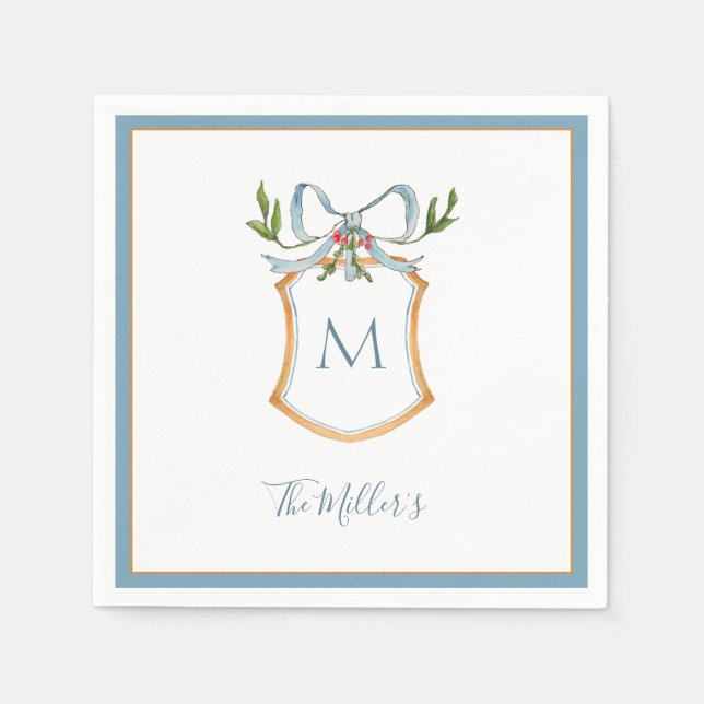 Monogram Blue & white crest Holiday  Napkin (Front)