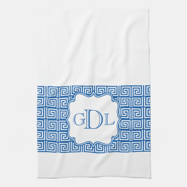Monogram Blue & White Greek Key Kitchen Towel (Vertical)