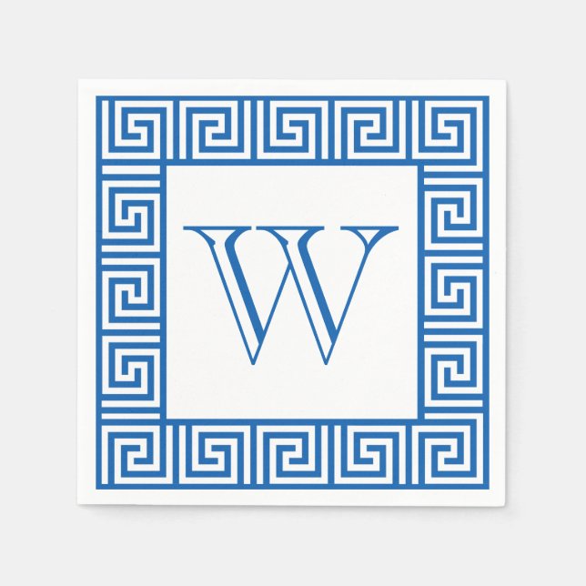 Monogram Blue & White Greek key style paper napkin (Front)