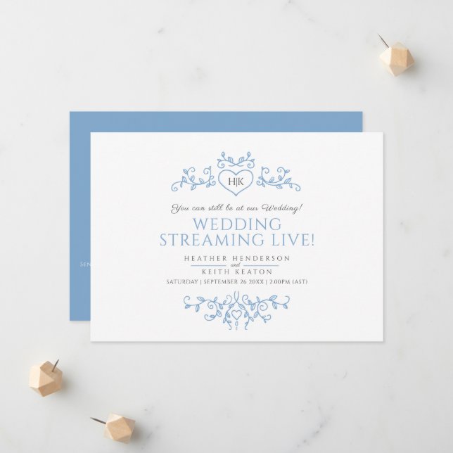 Monogram blue white leaves wedding live stream announcement (Front/Back In Situ)