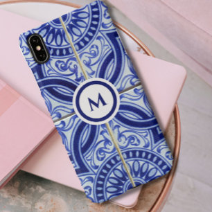 Monogram Blue + White Mediterranean Tile Pattern iPhone Case
