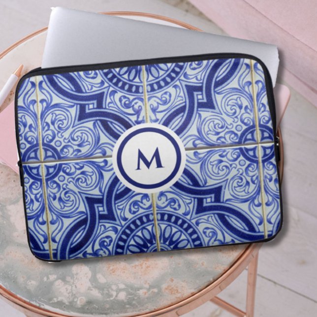 Monogram Blue + White Mediterranean Tile Pattern Laptop Sleeve (An elegant blue and white monogram laptop case to freshen up your day!)