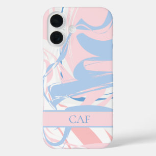 Monogram Blue White Pink Marble Swirl iPhone 16 Case