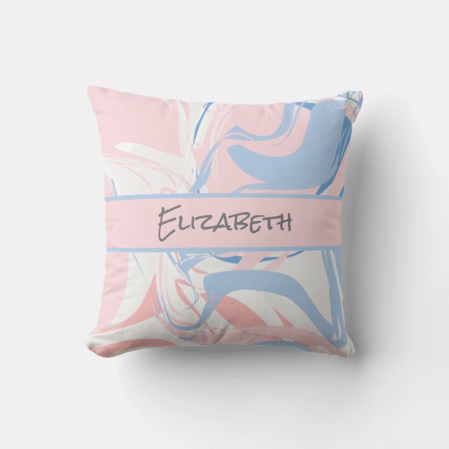 Monogram Blue White Pink Marble Swirl  Cushion (Front)