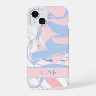 Monogram Blue White Pink Marble Swirl iPhone 15 Case