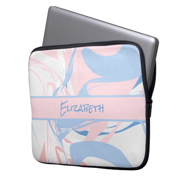 Monogram Blue White Pink Marble Swirl  Laptop Sleeve (Front Left)