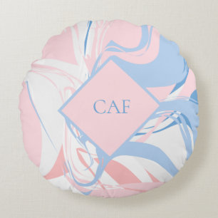 Monogram Blue White Pink Marble Swirl Round Cushion