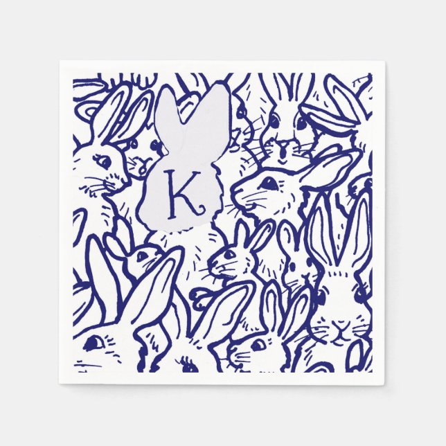 Monogram Blue White Rabbit Bunny Cute Unique Napkin (Front)