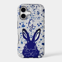 Monogram Blue White Rabbit Terrazzo Cute Bunny