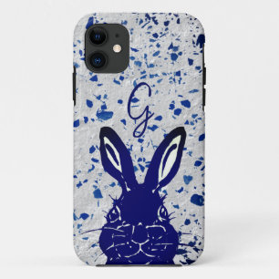 Monogram Blue White Rabbit Terrazzo Cute Bunny iPhone 11 Case
