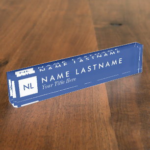 Monogram Blue White Square Desk Nameplate