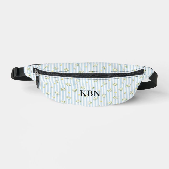 Monogram Blue White Stripes Lemons Mediterranean Bum Bags (Front)