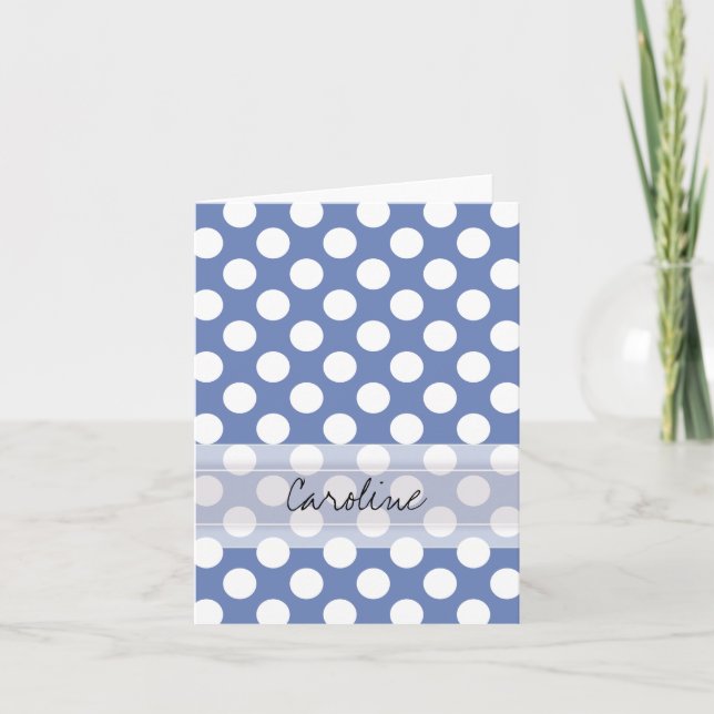 Monogram Blue White Trendy Fun Polka Dot Pattern Note Card (Front)
