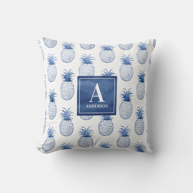 Monogram Blue White Tropical Pineapple Outdoor Cushion (Front)