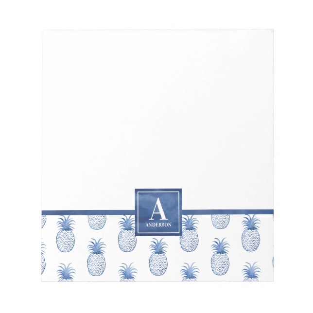 Monogram Blue White Watercolor Pineapple Notepad (Front)