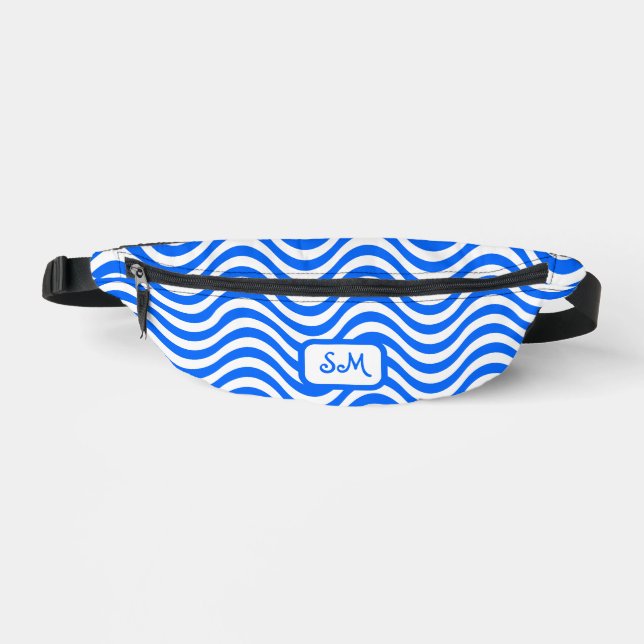 Monogram Blue White Wavy Stripes Psychedelic Bum Bags (Front)
