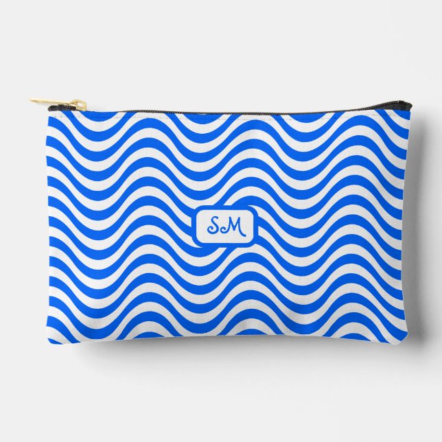 Monogram Blue White Wavy Stripes Psychedelic SM Accessory Pouch (Front)