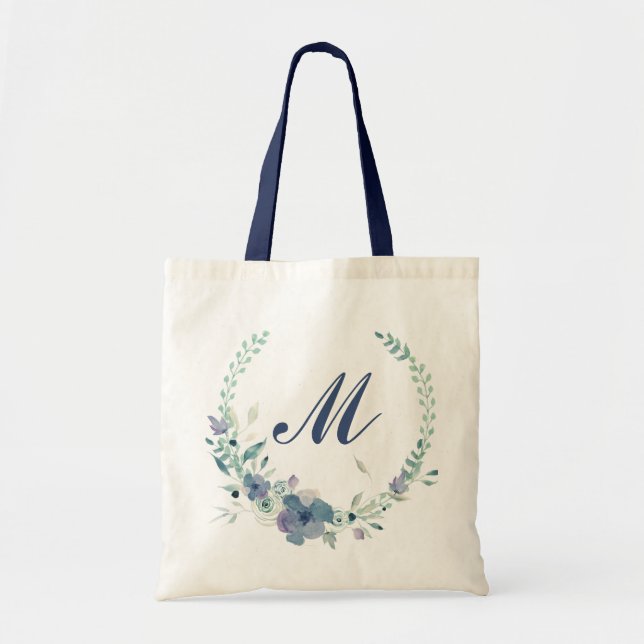 Monogram blue wreath watercolor floral tote bag (Front)