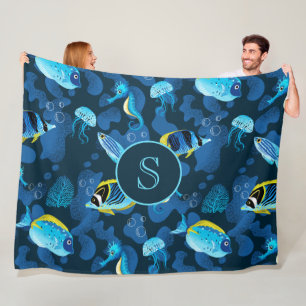 Monogram Blue Yellow Tropical Fishes Illustration Fleece Blanket
