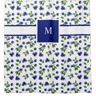 Monogram Blueberry Watercolor Berry Vintage Cute Shower Curtain