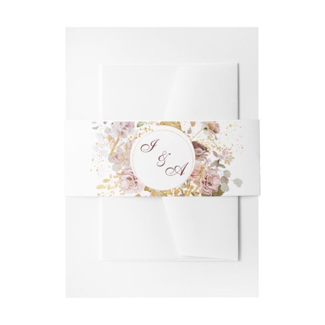 Monogram Blush Peony & Gold Burgundy Floral Invitation Belly Band (Front Example)