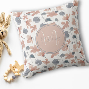 Monogram Blush Pink and Grey Watercolor Floral Cushion