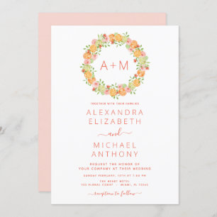 Monogram Blush Pink Citrus Floral Wedding Invitation