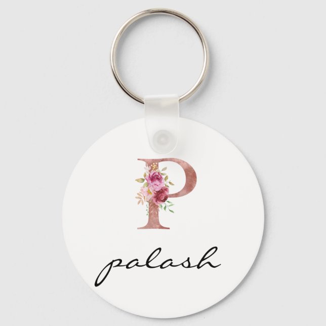 Monogram Blush Pink Floral Letter P Keychain  (Front)