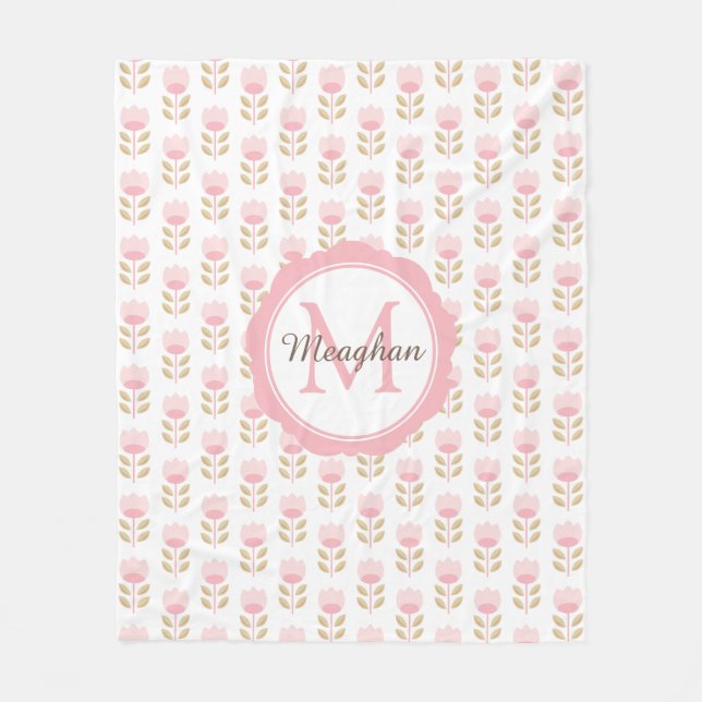 Monogram Blush Pink Floral Pattern Fleece Blanket (Front)