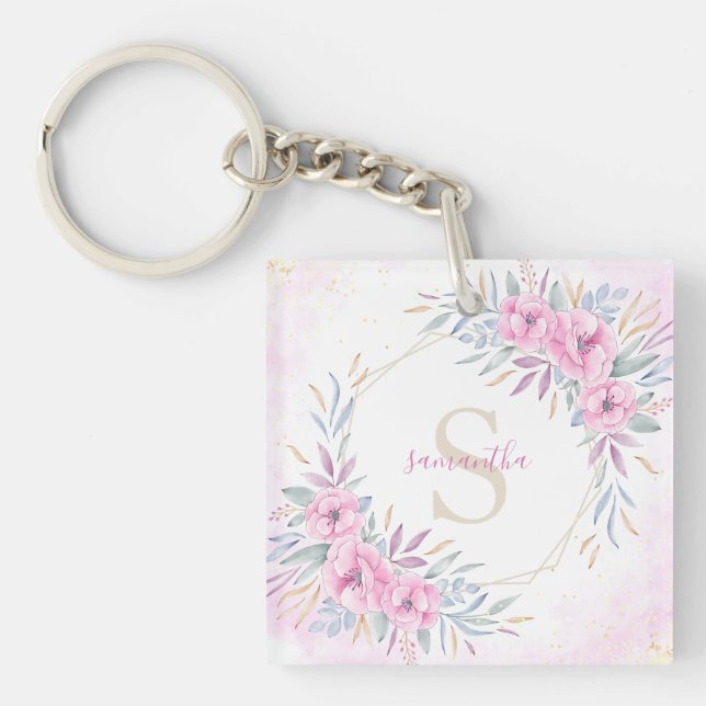 Monogram Blush Pink Floral Watercolor Elegant Key Ring (Front)