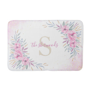 Monogram Blush Pink Flowers Watercolor Elegant Bath Mat