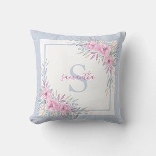 Monogram Blush Pink Flowers Watercolor Elegant Cushion