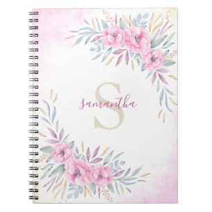 Monogram Blush Pink Flowers Watercolor Elegant Notebook