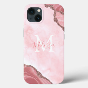 Monogram Blush Pink Geode Glitter Calligraphy iPhone 13 Case