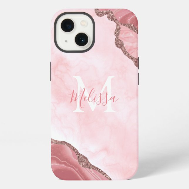 Monogram Blush Pink Geode Glitter Calligraphy iPhone Case (Back)